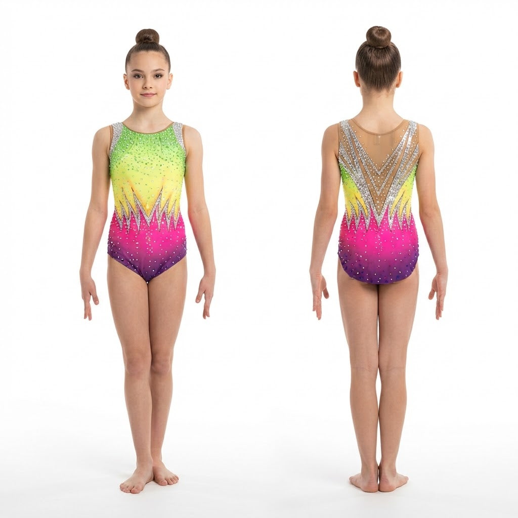 Body Ritmica Abalone – Verde, Giallo e Fucsia Sfumato con Strass
