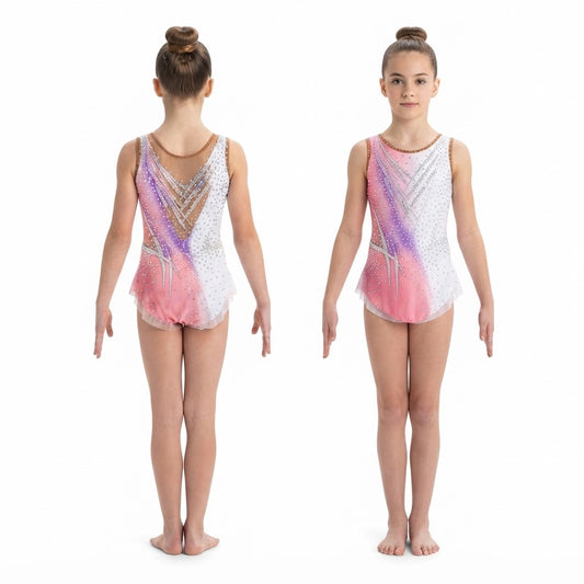 Body Ritmica Akoya – Bianco e Rosa Sfumato Lilla con Strass